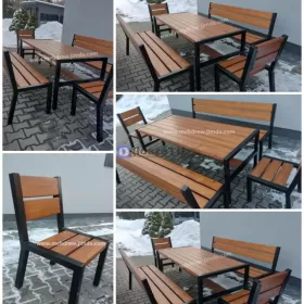 Stół ogrodowy loft drewno + metal ławki fotele 
