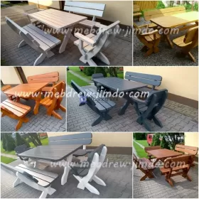 Stół ogrodowy drewniany + ławki + fotele